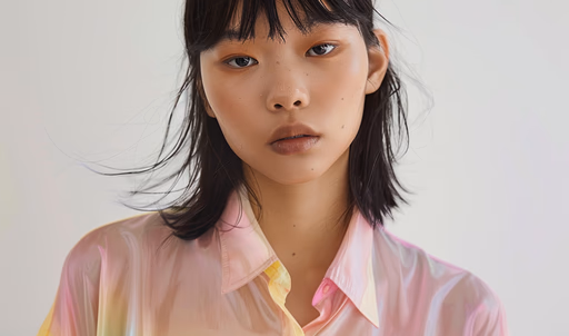 Young woman with shoulder-length dark hair wearing a pink collared shirt, looking directly at camera