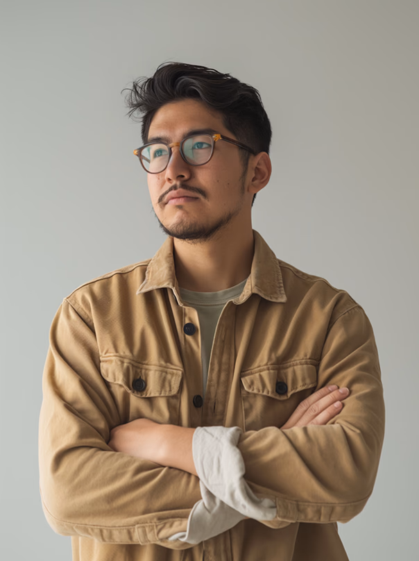A man with glasses and a brown shirt, crossing his arms.